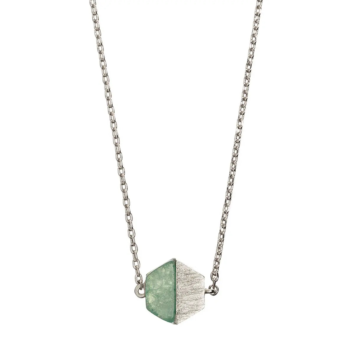 Hexagon with Stone Setting Necklace in Silver Green Jade