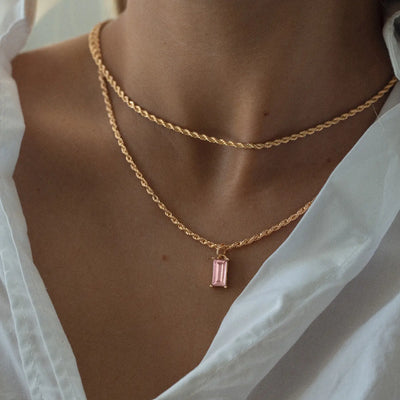 Necklace with Rectangular Crystal - Pink