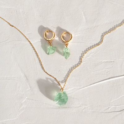 Semi Precious Stone Set with Necklace and Earrings - Gold